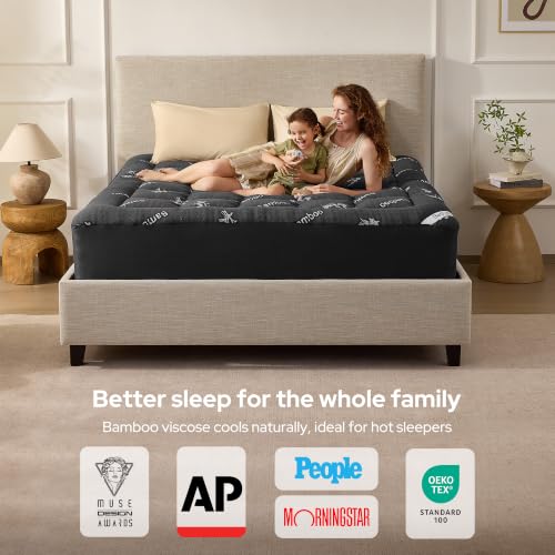 BEDLORE Queen Mattress Topper, Thick Soft Pillow Top Bed Topper | Viscose Bamboo, Stretchable Pockets Fit 6”-18”, Breathable Mattress Topper for Back Pain Relief and Hot Sleepers(Dark Gray)