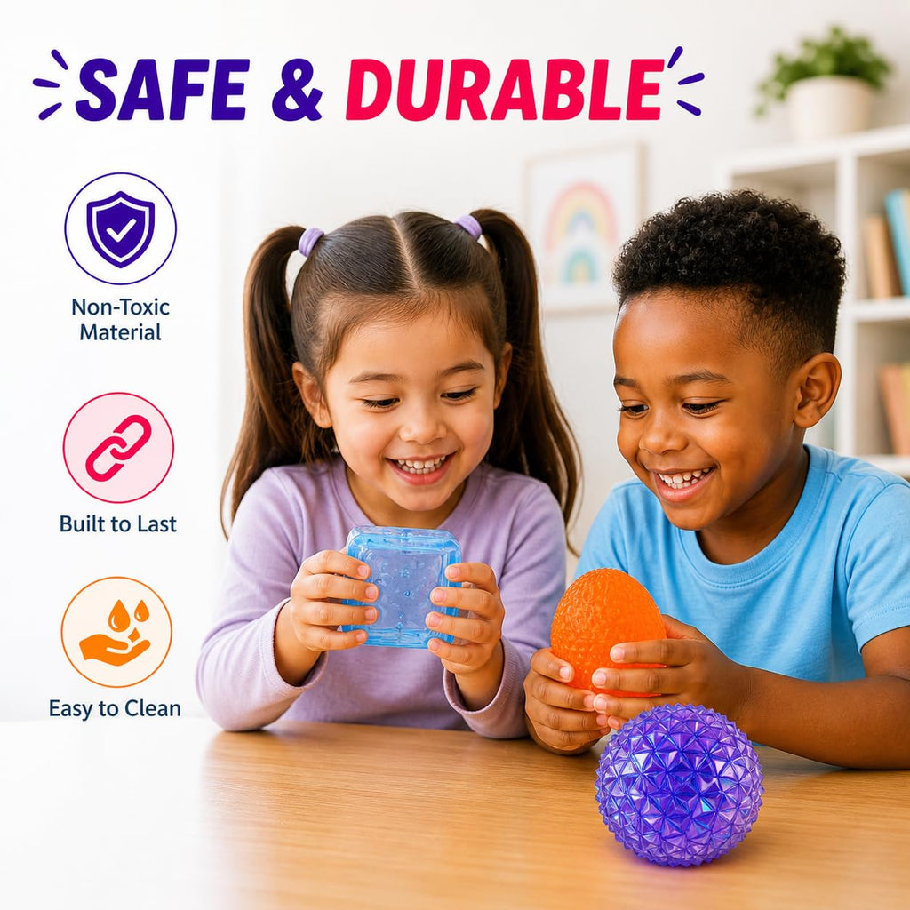 J’Adore 3 Pack Squishy Toys for Kids, Sensory Stress Relief Toys Set, Fun Cube, Gum Droppable & Spiky Orb, Soft Squeeze Fidget Toys for Toddlers Ages 3+, Party Favors & Gifts