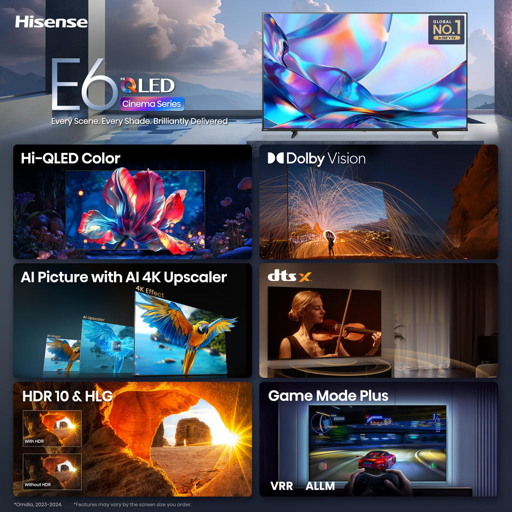 Hisense 65" Class E6SR Series Hi-QLED 4K UHD Smart Roku TV (65E6SR, 2026 Model) - Dolby Vision, Game Mode Plus, VRR, ALLM, DTS Virtual:X, Apple AirPlay, Compatible with Alexa and Google Assistant