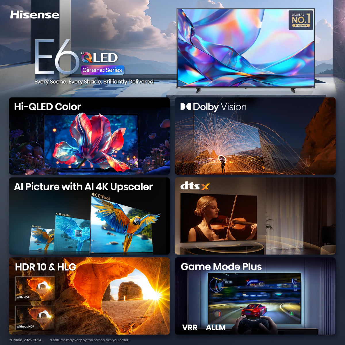 Hisense 65" Class E6SR Series Hi-QLED 4K UHD Smart Roku TV (65E6SR, 2026 Model) - Dolby Vision, Game Mode Plus, VRR, ALLM, DTS Virtual:X, Apple AirPlay, Compatible with Alexa and Google Assistant
