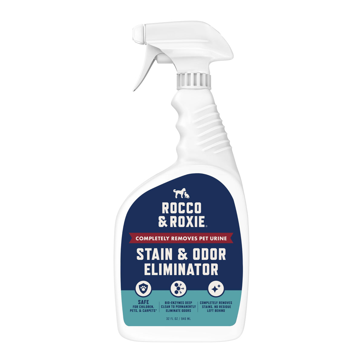 Rocco & Roxie Enzyme Stain & Odor Eliminator, 32 Fl Oz | Bio-enzymatic urine destroyer; CRI Certified Safe; made in USA; for carpets, bedding, litter boxes, crates & cars