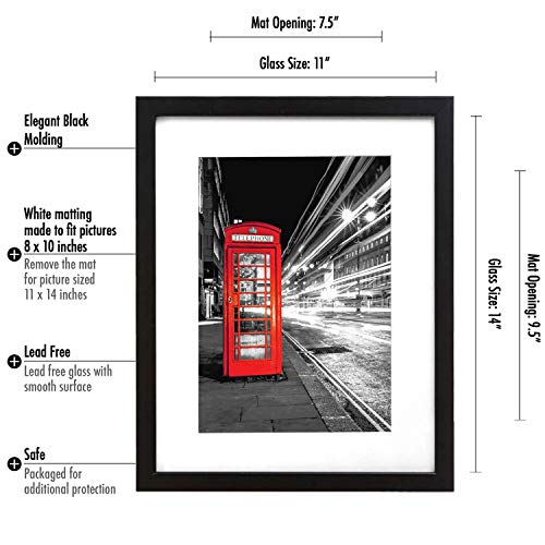 Americanflat 11x14 Picture Frame - Matted to 8x10 - Engineered Wood - Black | Shatter-resistant glass, hangs vertical or horizontal, sawtooth hangers included, use with or without mat