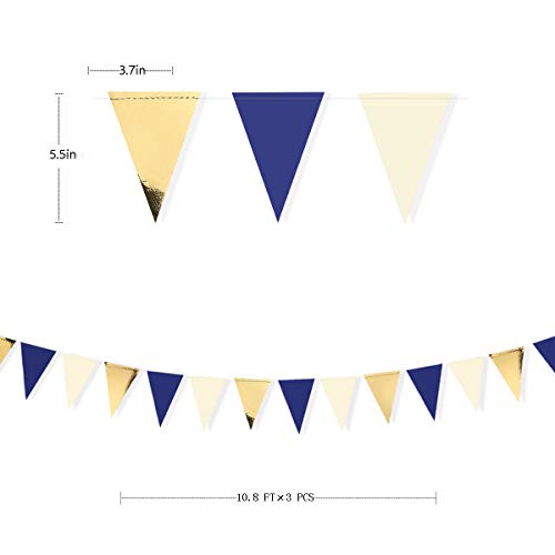 30Ft Navy Blue Gold and Beige Party Decorations Royal Blue Gold Triangle Flag Pennant Banner Bunting for Graduation Birthday Wedding Bridal Shower Nautical Ahoy Achor Theme Party Decorations Supplies