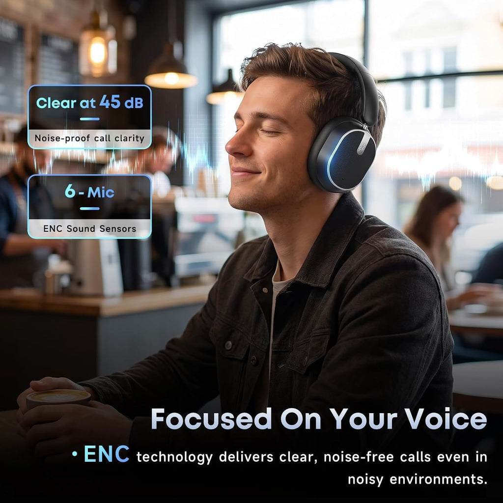 Hybrid Active Noise Cancelling Bluetooth Headphones Wireless Headphones | Over Ear, 120H Playtime, Hi-Res Audio, Deep Bass, Memory Foam Ear Cups for Home Office Travel Black