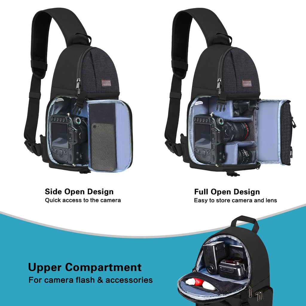 MOSISO Camera Sling Bag, Photography Shoulder Bag Compact Camera Backpack | DSLR/SLR/Mirrorless Camera, Quick Access, Tripod Holder, Custom Dividers, Compatible with Canon/Nikon/Sony/Fuji,Black