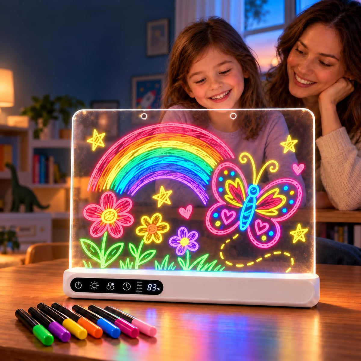 Cordless 16" LED Drawing Board for Kids | Wall Mountable Tabletop, Rechargeable Glow Doodle Note Board, 14 Light Effects, 7 Markers