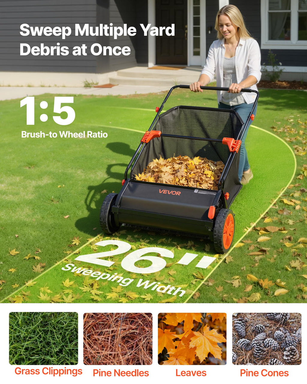 VEVOR Push Lawn Sweeper 26 in Leaf & Grass Collector 7 cu. ft. Hopper Bag | Heavy Duty Yard Sweeper with Adjustable Brush Height, Spinning Brushes, Rubber Wheels for Leaves Grass Cleanup, Black/Orange