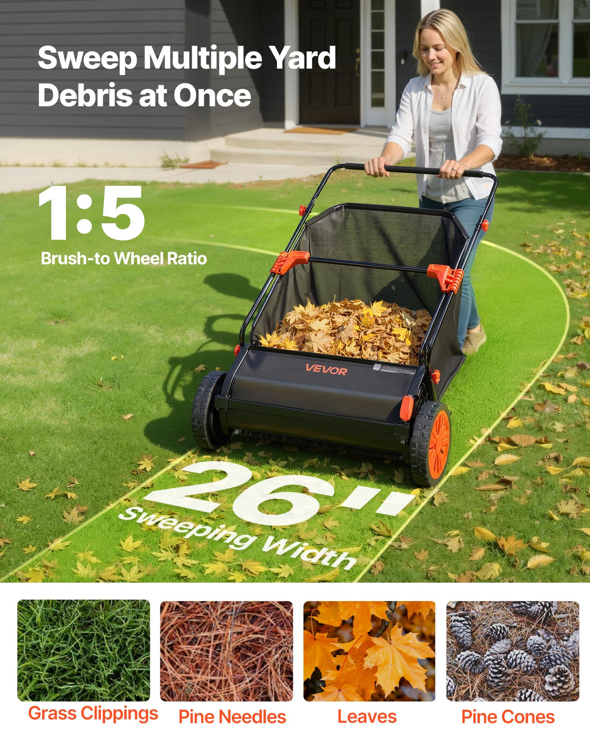 VEVOR Push Lawn Sweeper 26 in Leaf & Grass Collector 7 cu. ft. Hopper Bag | Heavy Duty Yard Sweeper with Adjustable Brush Height, Spinning Brushes, Rubber Wheels for Leaves Grass Cleanup, Black/Orange