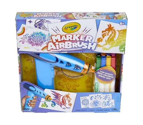 Crayola Marker Airbrush Spray Art Kit, 8 Washable Markers, 5 Stencils | Arts & Crafts Toys for Kids, Birthday, Holiday Gifts for Girls & Boys 6+, Battery-Powered Sprayer Kids Activities