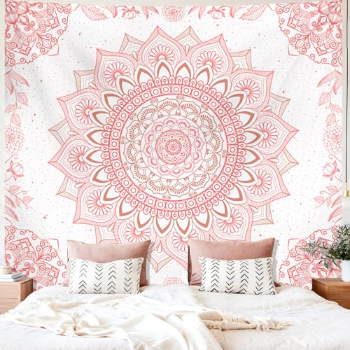 Apdidl Pink Boho Wall Tapestry for Bedroom,Mandala Bohemian Tapestries Girl | Girls Large Light Pink and White Cute Room Wall Hanging, Floral Hippy Flowers Teen Wall Decor Art Aesthetic for Dorm 51"X60"