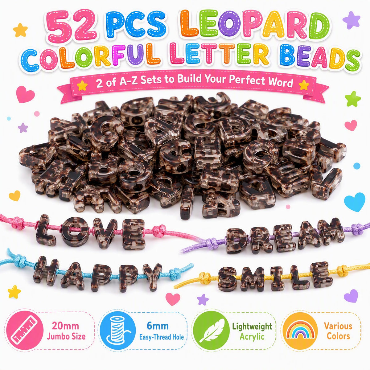 52 PCS Chunky Letter Beads A-Z Large Alphabet Beads | 3D Bubble Acrylic,Easy to Thread Large Hole, for Paracord/bag charms/handmade/Bracelet Keychain/DIY Crafts