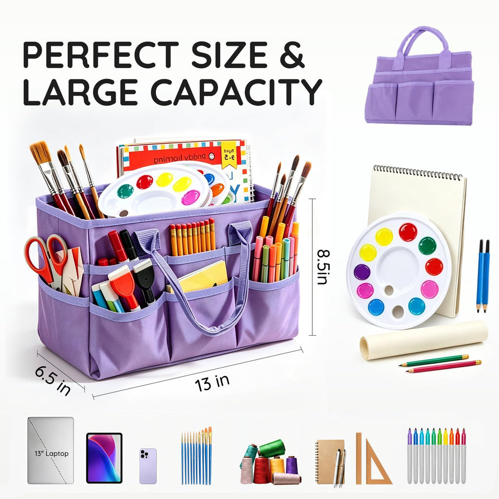 AUVCAS Craft Organizer Tote Bag, Art Supply Organizer Bag for Art Supplies | 10 Pockets,Portable Handle,Collapsible Design,Reinforced Base,Sturdy Art Caddy Bag for Scrapbooking,Craft,Art,Sewing