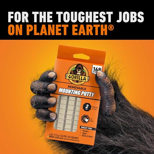 Gorilla Removable Mounting Putty, Reusable Tack, 168 Pre Cut Squares | Repositionable adhesive putty holds up to 2 lbs. No-mess mounting for posters, signs & décor, indoors or out