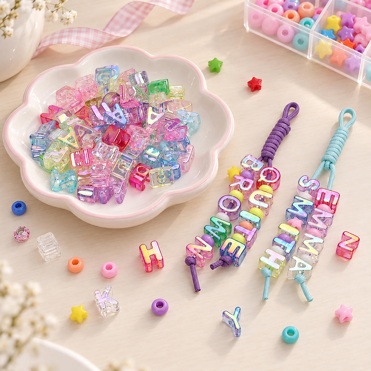 76Pcs Bubble Letter Beads, 20mm Large Hole Beads for Keychains | Each A-Z character appears twice or more, with extra vowels and common characters for names, bag charms and backpacks.