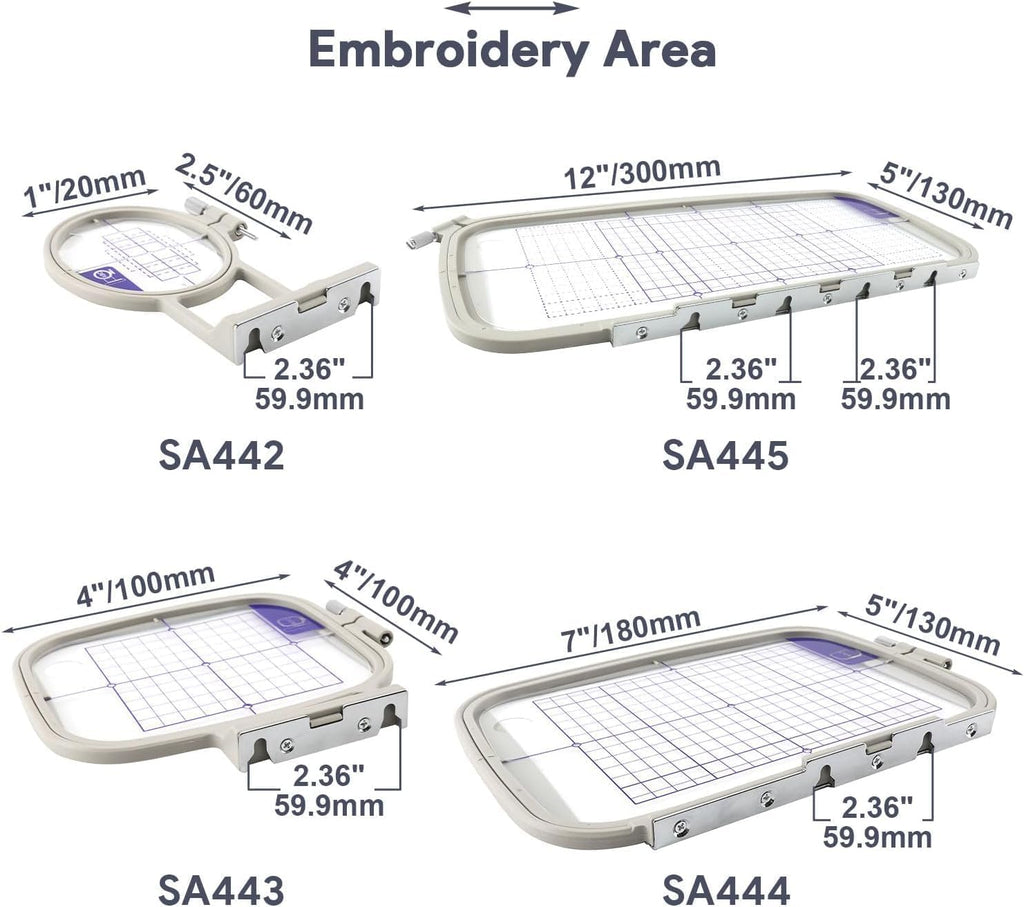 Sew Tech 4pcs Embroidery Hoop for Brother, 1x2.5 4x4 5x7 5x12in Frame Set | Fits PE900 SE2000 PE800 PE780D PE770 PE700 SE2100 SE1950 SE1900 NS1250E NS2850D Brother; Baby Lock Bloom Accord Ellure