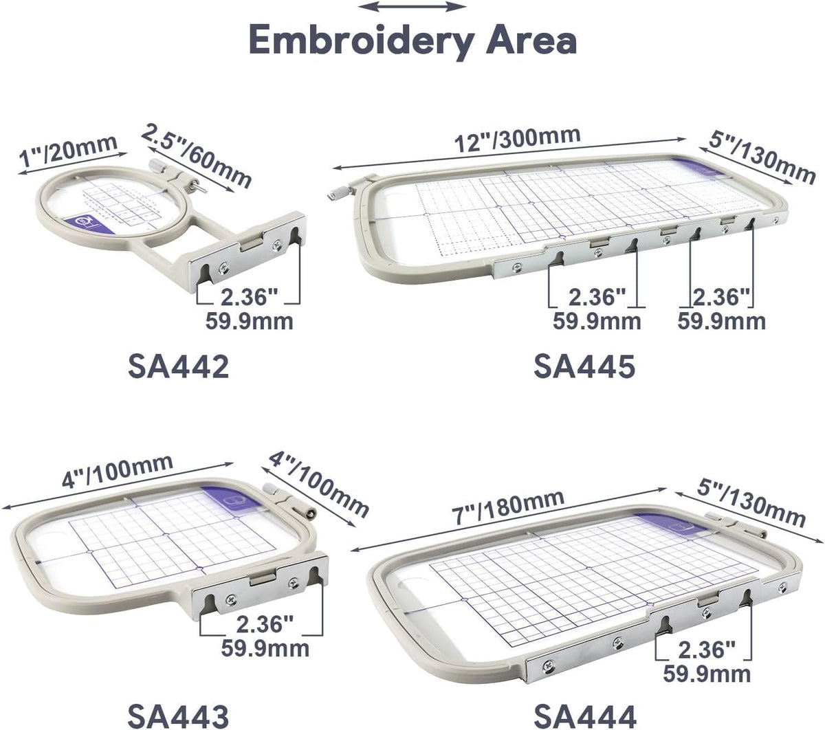 Sew Tech 4pcs Embroidery Hoop for Brother, 1x2.5 4x4 5x7 5x12in Frame Set | Fits PE900 SE2000 PE800 PE780D PE770 PE700 SE2100 SE1950 SE1900 NS1250E NS2850D Brother; Baby Lock Bloom Accord Ellure