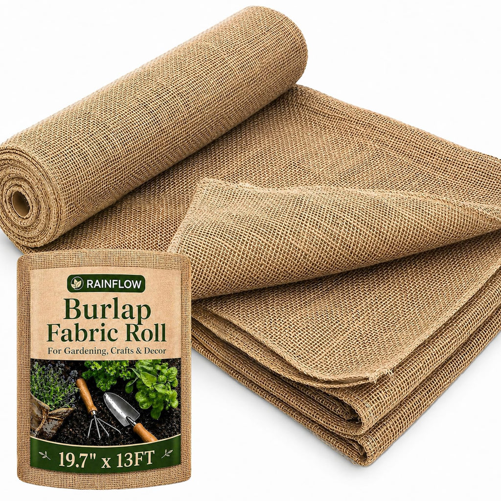 RAINFLOW 19.7" x 13 Feet Burlap Fabric Roll - Natural Jute Burlap Roll | Multipurpose Garden Fabric for Weed Barrier, Tree Wrap, Plant Cover, Landscaping, Farmhouse Decor, Wedding Decor & Crafts
