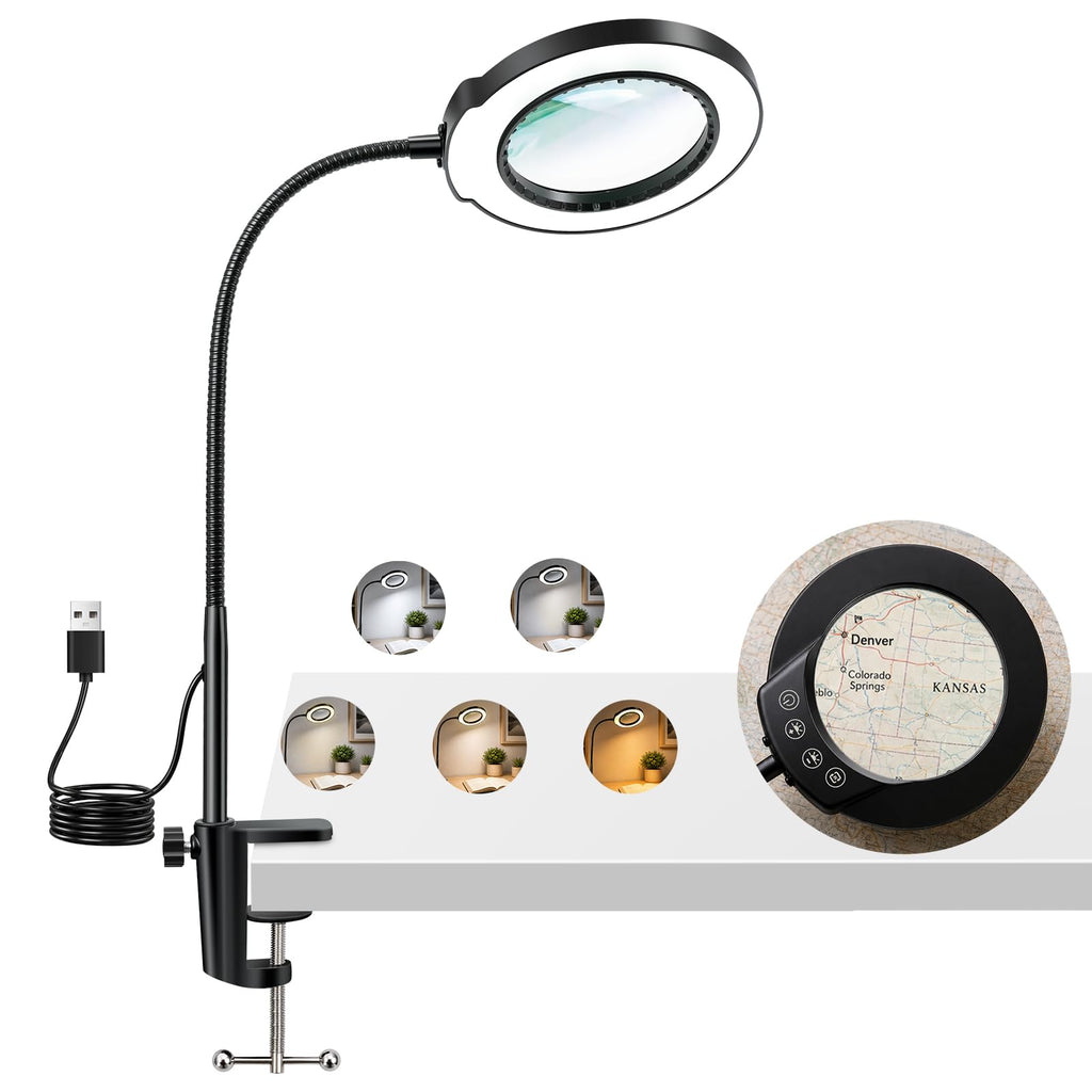 LED Desk Magnifying Lamp with Clamp,10X Magnifying Glass with Light | 5 Color Modes Stepless Dimmable Magnifier Light 3000K-6500K, 5V/2A USB Powered Hands Free Flexible Goose-Neck