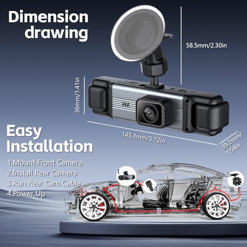 4 Channel 360° Dash Cam Front and Rear Inside, 64GB Card Included | 4K+1080P*3 FHD Car Camera, 5GHz WiFi/App Control 8 IR Lamps Night Vision 24H Parking Mode G-Sensor Loop Recording (Gunmetal)