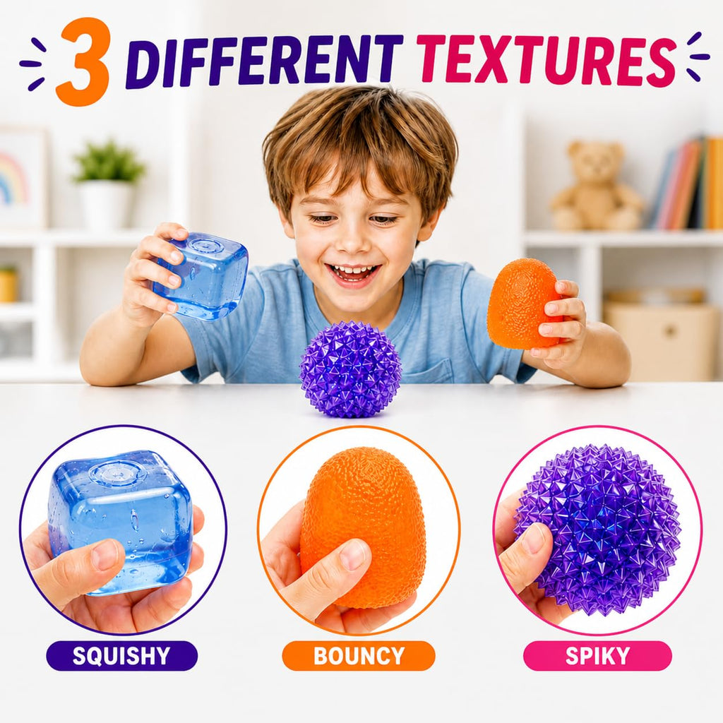 J’Adore 3 Pack Squishy Toys for Kids, Sensory Stress Relief Toys Set, Fun Cube, Gum Droppable & Spiky Orb, Soft Squeeze Fidget Toys for Toddlers Ages 3+, Party Favors & Gifts
