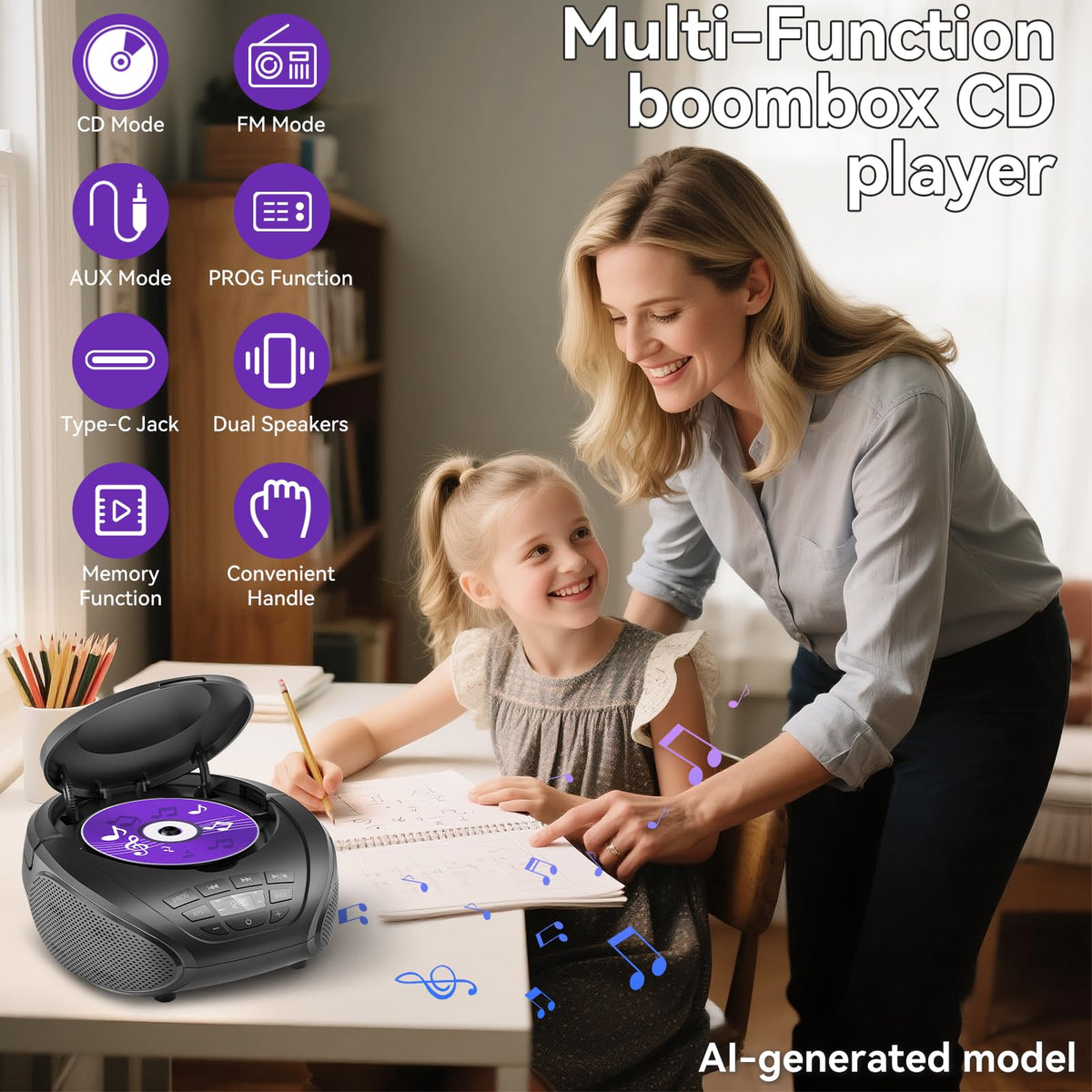 Gueray CD Player Portable Boombox Radio CD Players with Dual Speakers | Bulit-in FM Radio AUX Input Support Headphones Playlist Mode PROG Playback for Outdoor Indoor Audiobooks