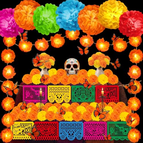 132Pcs Day of The Dead Decor Kit Dia De Los Muertos Decorations Altar Decor | Marigold Garland Light 9 Papel Picado Banners 7 Paper Flowers 50 Marigold Flowers with 50 Stems 15 Butterflies for Diwali