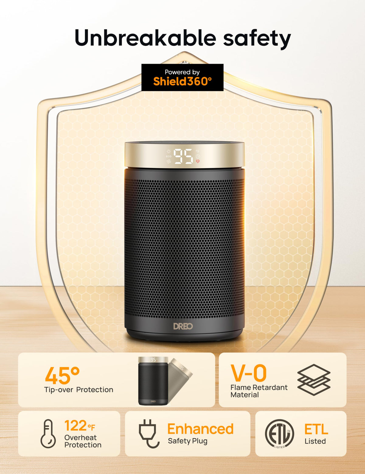 DREO Space Heater, Portable Electric Heaters for Indoor Use with Thermostat | 2026 Upgraded, 34dB Quiet, 12H Timer, 5 Mode, Remote, 1500W PTC Ceramic Fast Safety Heat for Office Bedroom Home, Gold
