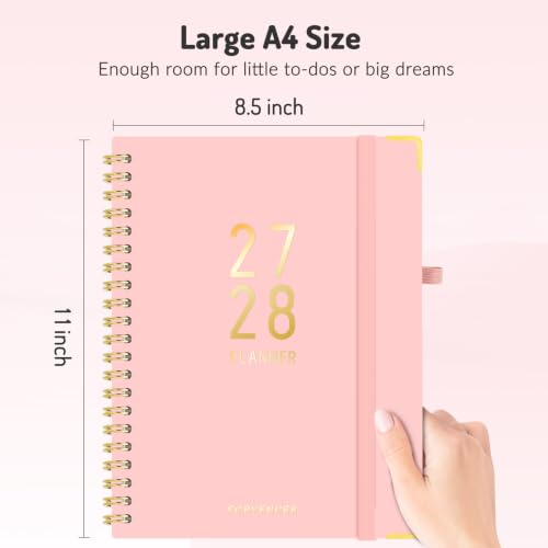 Forvencer Planner 2027-2028, 18 Month Calendar Planner, Jan 2027-June 2028 | 8.5"x11", Weekly and Monthly, Daily Agenda Book with Tab, Spiral Journal Organizer for Office Home Teacher School, A4, Pink