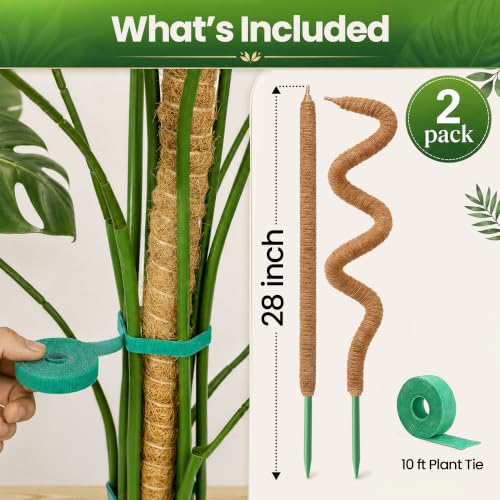 2Pcs 28'' Moss Pole Monstera Plant Support - Plant Stakes for Indoor Plants | Bendable Moss Poles for Climbing Plants, Tall Coco Coir Pole Sticks, Monstera Trellis