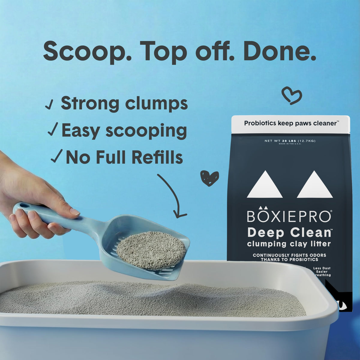 Boxie Probiotic Clumping Cat Litter 40+ Day Odor Control Dust Free 16 lb | Hard Flat Top clumps stay on top for fast scooping and less scrubbing; no added fragrance, fillers, or harsh chemicals