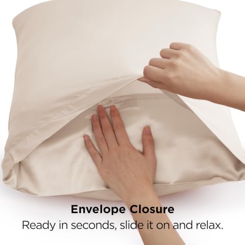 Bedsure Satin Pillowcases Queen Set of 2, Similar to Silk Pillow Case, 100% Polyester, Reduces Hair Frizz & Skin Friction, Decorative Covers, Gifts for Women, Envelope Closure, 20" x 30", Beige