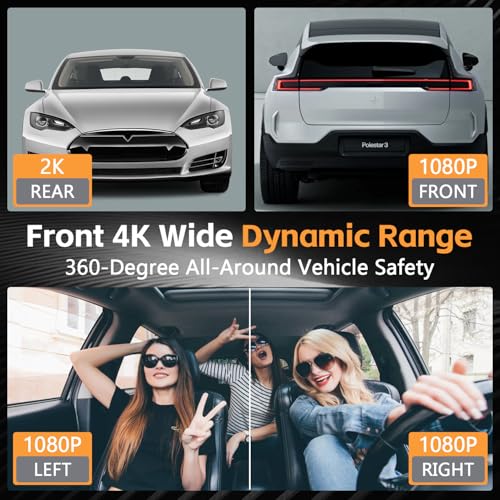 4 Channel 360° Dash Cam Front and Rear Inside, 64GB Card Included | 4K+1080P*3 FHD Car Camera, 5GHz WiFi/App Control 8 IR Lamps Night Vision 24H Parking Mode G-Sensor Loop Recording (Gunmetal)