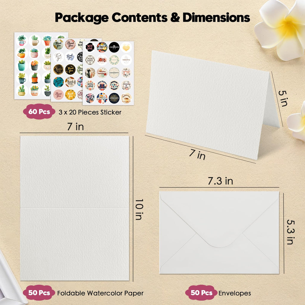 KOVIEDE 50 Pack Foldable Blank Watercolor Cards with Envelopes 5" x 7" | 140lb/300gsm, Heavyweight, Cold Press, Acid-Free, 100% Cotton Water Color Cards to Painting, Cards Making, DIY Art Projects