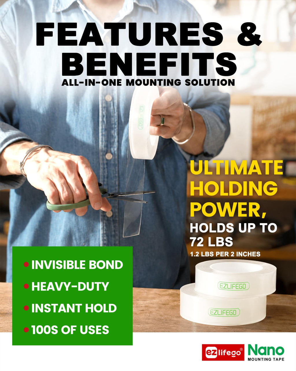 EZlifego Heavy Duty Invisible Bond Nano Double Sided Mounting Tape, 9.85FT | Nano-Tech, Holds up to 72 lbs, All-Purpose, Instant Hold, Industrial-Strength Adhesive, Indoor & Outdoor Decor,Back to School