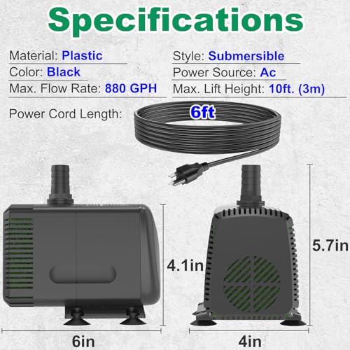 Knifel Submersible Water Pump 880GPH Pond Pump for Fountains | 10ft Lift, 9.8ft Power Cord, Ultra Quiet, Over Heating Protection for Pond, Fountain, Hydroponic, waterfall, Aquarium