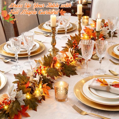 Luxspire 6 FT Fall Garland with Lights and Timer for Fall Decor | Fall Leaves Garland with Lights, Berries Maple Leaves Pinecones, Fall Decorations for Home Mantle Porch Window Stair Railing