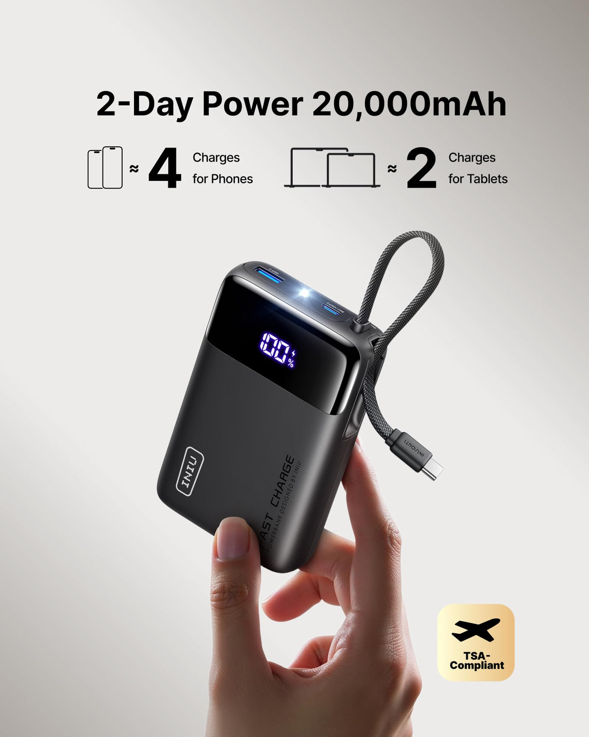 INIU 20000mAh Portable Charger, Smaller 45W Fast Charging Travel Power Bank | Flight-Safe, Built in USB-C Cable, Travel Essential, Battery Phone Pack for iPhone 18 17 16 Pro, Samsung S26, iPad etc, Black
