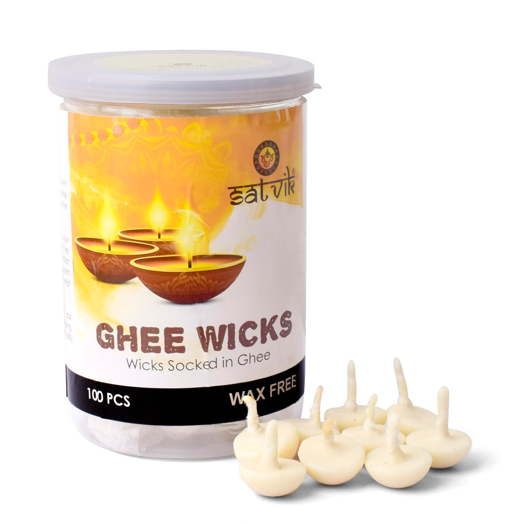 SATVIK Pack of 100 Pure Ghee Wicks for Puja | Ready-to-Use Diya Batti | 30-Min Burn Time | Wax-Free Cotton Wicks | Ideal for Pooja, Meditation, Diwali, and Housewarming Gifts
