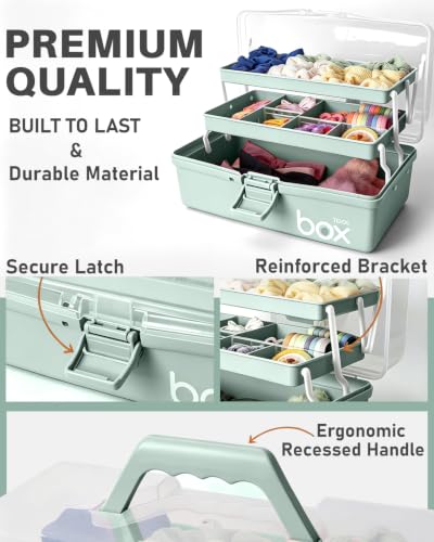 TERGOO 13in Lager Plastic Craft Organizer and Storage 3-Layer Tackle Box | Portable Tackle Box with Handle & Adjustable Dividers, Multipurpose Organizer Box for Sewing, Art Supply, Tool(Haze Green)