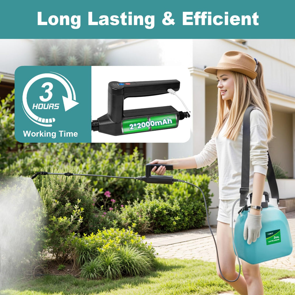 Battery Powered Sprayer 2 Gallon, 2026 Upgrade Electric Sprayer with 3 Adjustable Speed, Battery Indicator, 4 Mist Nozzles, Rechargeable Retractable Wand with Adjustable Shoulder Strap for Lawn Garden