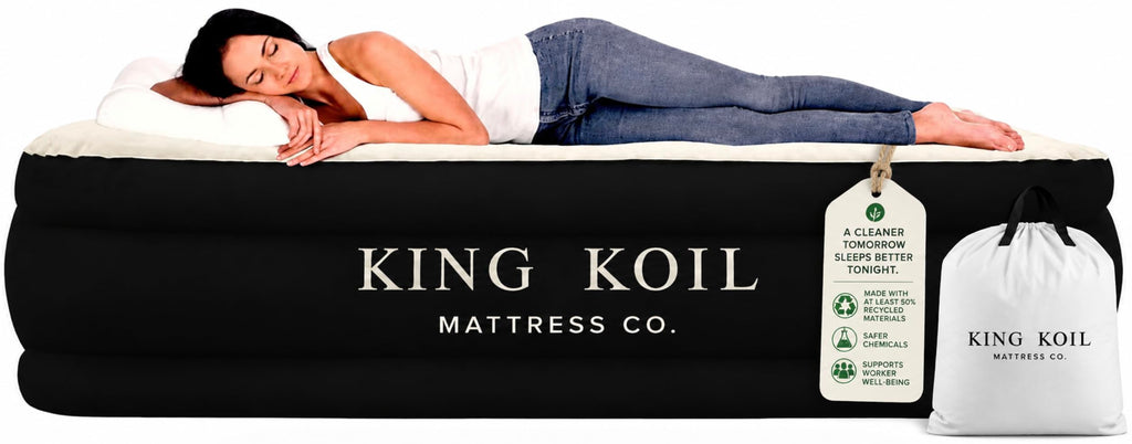 King Koil Air Mattress Queen with Built-in Pump, 20” Raised Airbed | Luxury blow up mattress for guests & home • Inflates in 2 minutes • 650 lb capacity • Patented high-speed pump