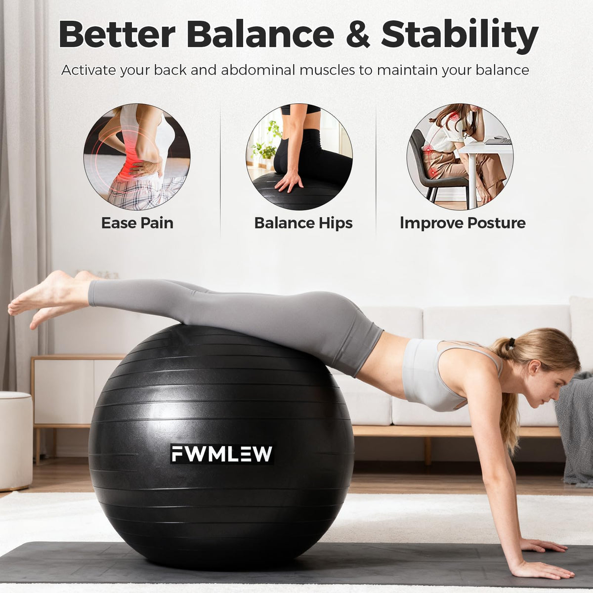 FWMLEW Extra Thick Exercise Yoga Ball, 5-Size Anti-Burst Heavy Duty Stability Gym Ball for Fitness, Core Workout, Pregnancy & Office Chair, Includes Quick Pump