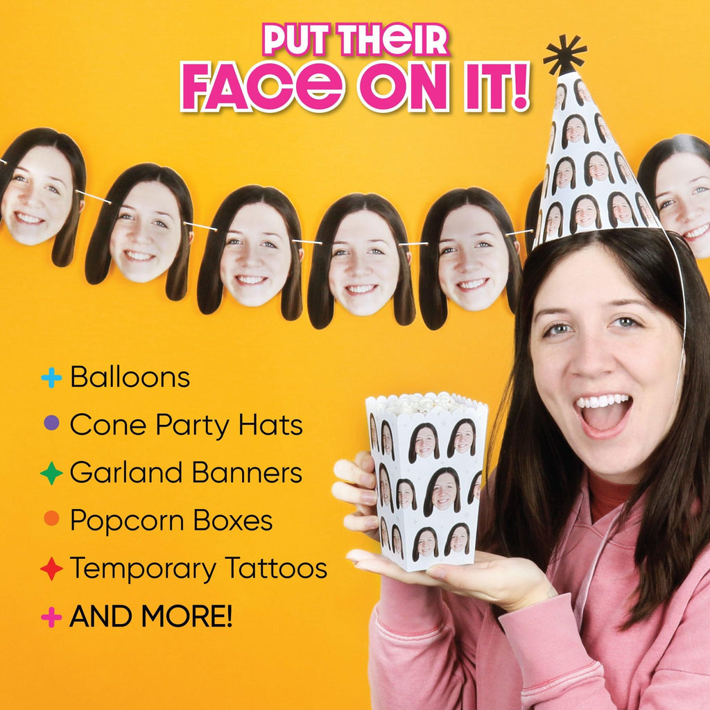Custom Photo Adult Black & Gold Birthday Age Hat - Garland Banner - 10pc | Personalized Photo Banner, 10 Face Cutouts with Cone Hats, Custom Birthday Age Decorations, Cord Included, USA-made