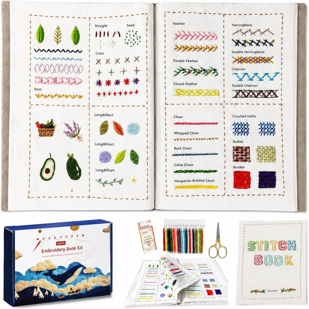spicssa Beginner Embroidery Stitch Book Kit, 79 Stitches, Video Tutorials