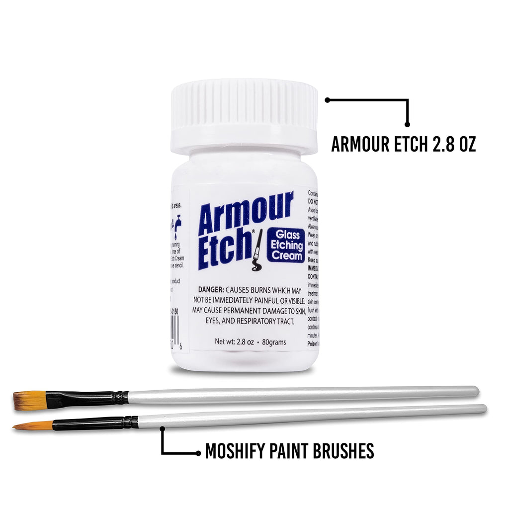 Armour Etch Glass Etching Cream 2.8oz Net Wt. Bundle with Moshify Brushes | Works with stencils to etch detailed designs on windows, mirrors and glassware for custom gifts and home décor projects