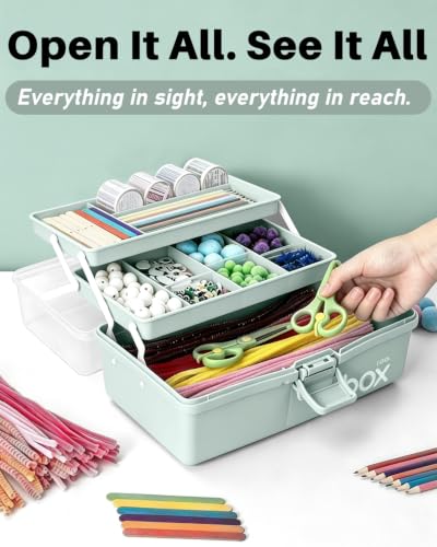 TERGOO 13in Lager Plastic Craft Organizer and Storage 3-Layer Tackle Box | Portable Tackle Box with Handle & Adjustable Dividers, Multipurpose Organizer Box for Sewing, Art Supply, Tool(Haze Green)