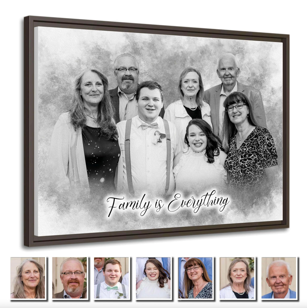 Custom Pencil Drawing from Photos – Charcoal Style Portrait – Merge Family Photos, Add Passed Loved One – Memorial Gift with Angel Wings – Personalized Canvas from Picture – In Memory of Mom
