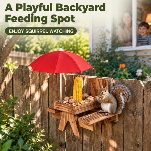 Squirrel Feeder for Outside, Funny Wooden Picnic Table with Mini Umbrella | Solid wood feeder for squirrels and chipmunks, drainage mesh, corn cob holder, feeding area, tree or fence mount