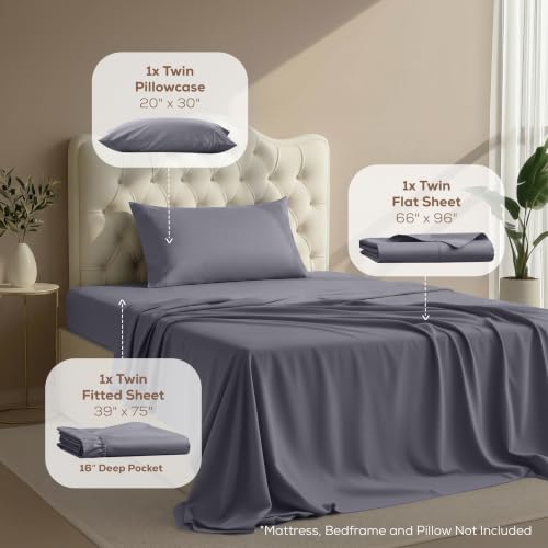 Twin Sheets Set, 3 Pieces 16" Deep Pocket Hotel Luxury Bed Sheets, Grey | Extra Soft Bedsheet Set for Kids, Women & Men, Comfy & Breathable Cooling Sheets, Fitted Sheet, Flat Sheet, 1 Pillowcase