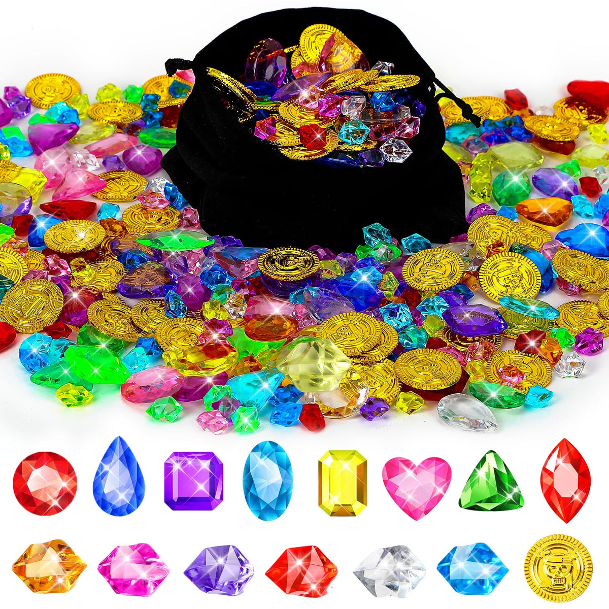 MARFOREVER 480 Pieces Pirate Treasure Pool Toy Gems Plastic Gold Coins | Acrylic Bling Gemstones, Colorful Fake Diamonds, Pirate Adventure Party Decorations, Kids Summer Sand Toy, Pirate Favors Gift